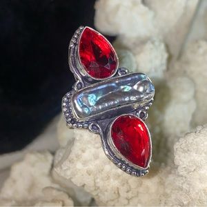 Mozambique Garnet + Biwa Pearl multi gem handcrafted Renaissance ring
